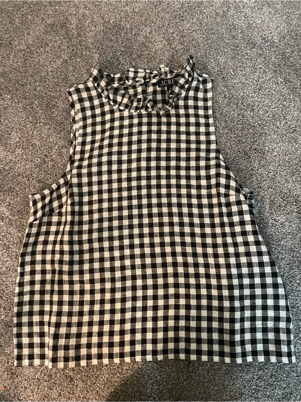 J. Crew Black and White Gingham Ruffle Mock Neck Tank